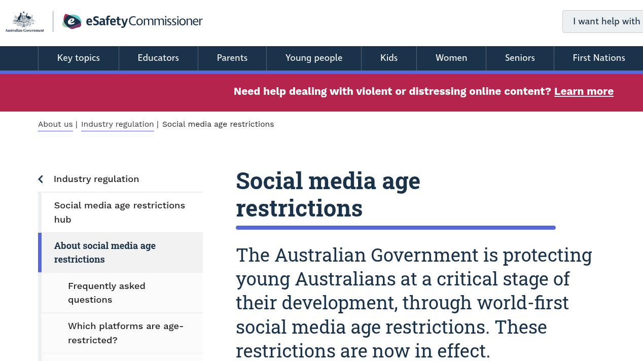 Captura de pantalla del portal de ley de prohibición de redes sociales de Australia