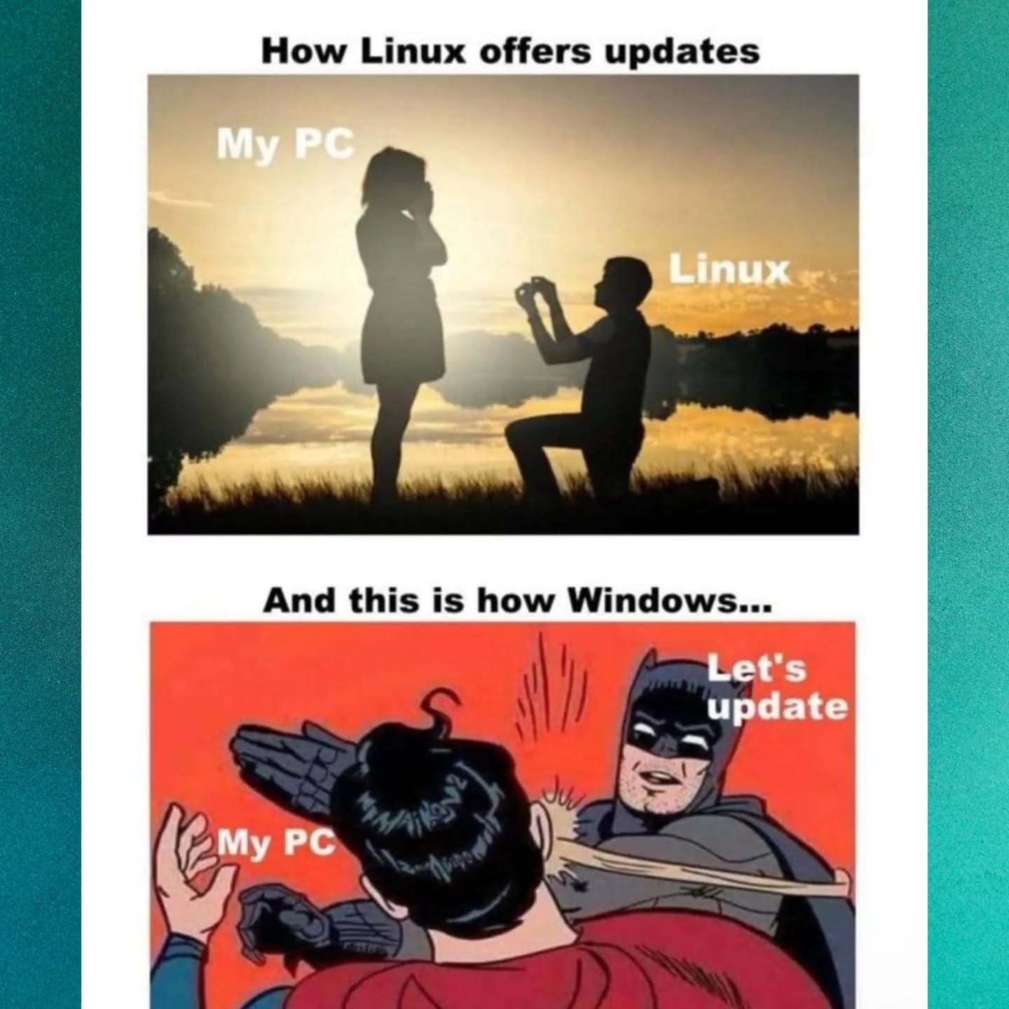 Meme comparativo de actualización de Linux vs Windows