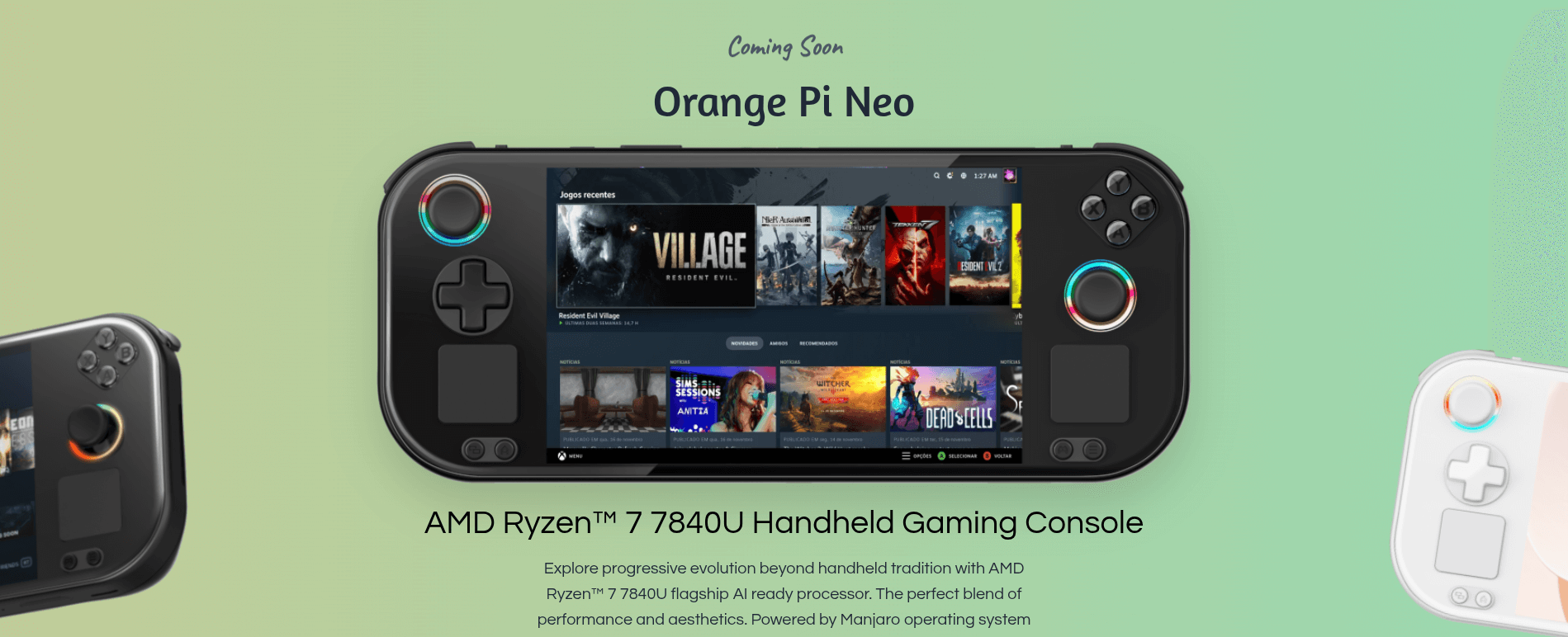 Este banner verde muestra un dispositivo portátil Pi Neo Linux de color naranja en el centro con texto informativo esparcido a su alrededor.