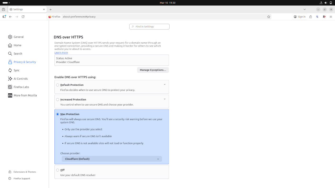 Página de configuración de Firefox con DNS sobre HTTPS habilitado