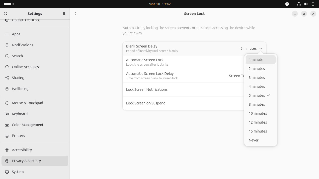 La configuración de bloqueo de pantalla de Linux muestra la configuración de bloqueo automático