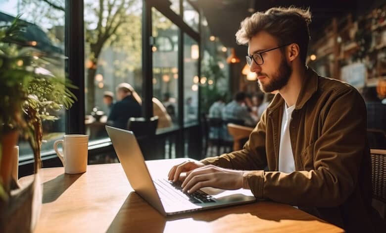 Person using a laptop on public Wi-Fi in a café environment