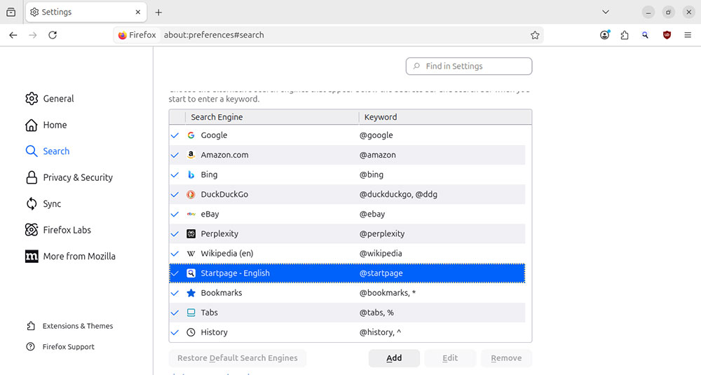 Menú predeterminado del motor de búsqueda de Firefox