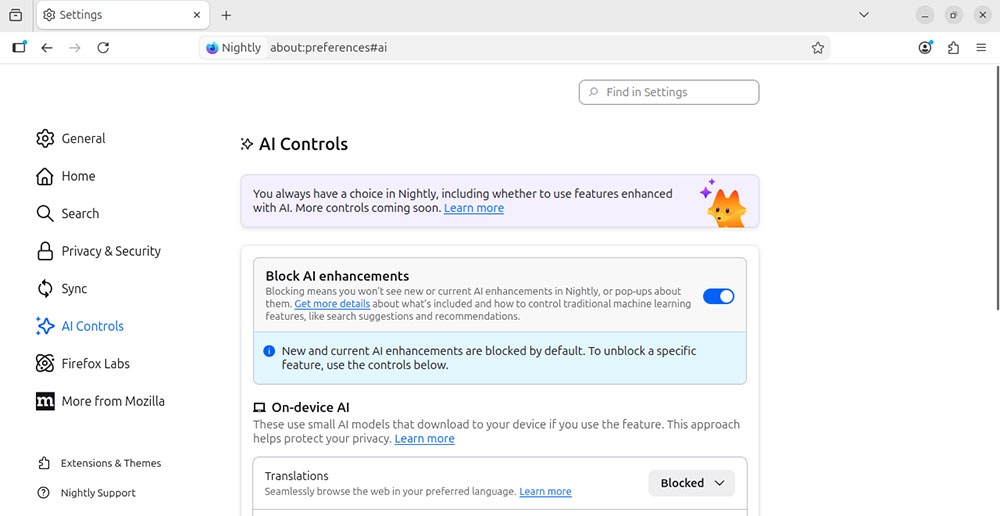 Deshabilitar las funciones de Firefox AI