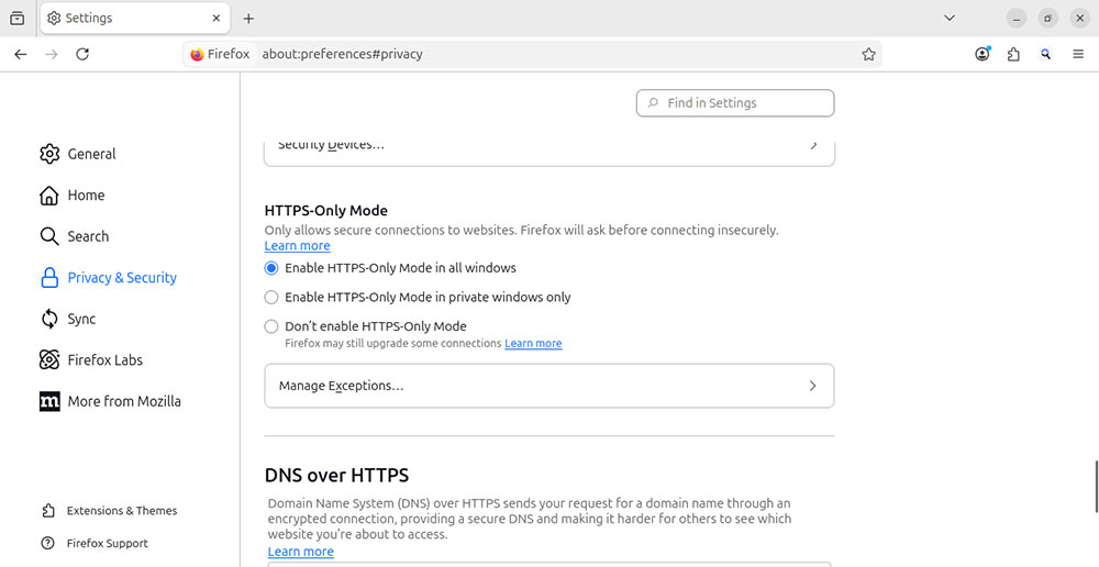 Configuración del modo solo HTTPS de Firefox