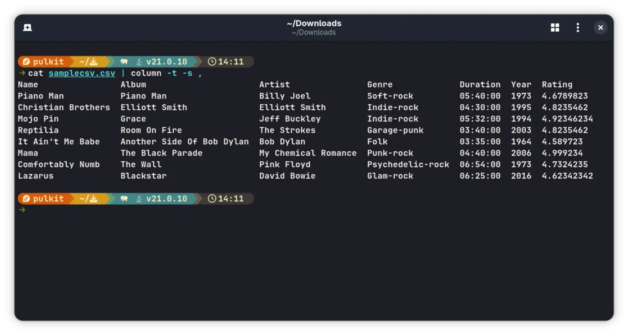 Muestre el archivo csv en formato tabular usando los comandos cat y column