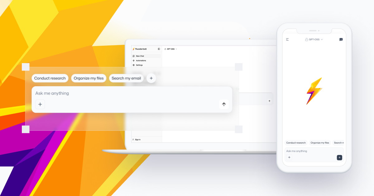 Este banner multicolor (blanco, amarillo, morado, rosa) muestra algunas capturas de pantalla de Thunderbolt ejecutándose en computadoras portátiles y teléfonos inteligentes.