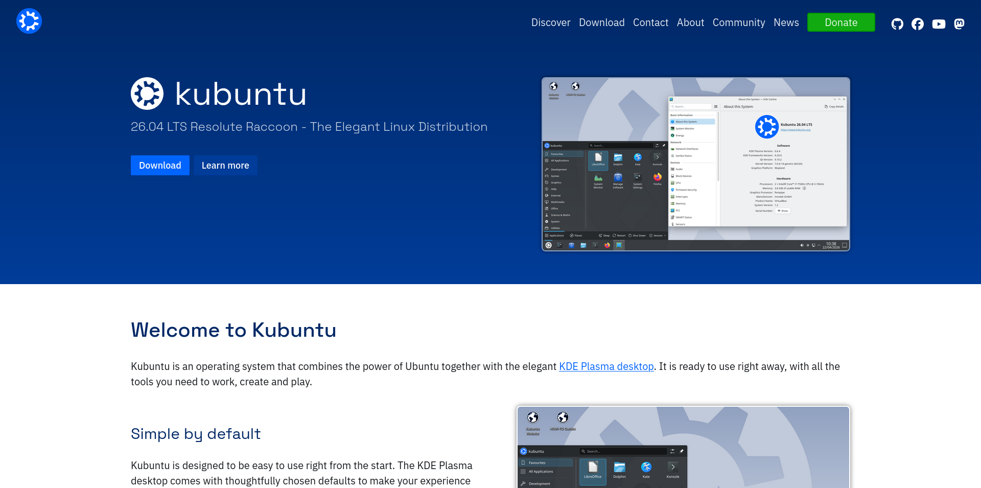 Captura de pantalla del sitio web oficial de Kubuntu