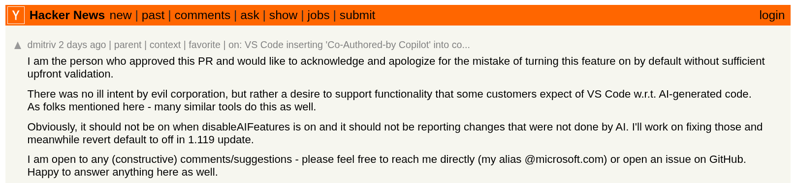 Una pequeña captura de pantalla que muestra una publicación de disculpa de Dmitriy Vasyura, quien tiene la atribución de copiloto habilitada de forma predeterminada en vscode.