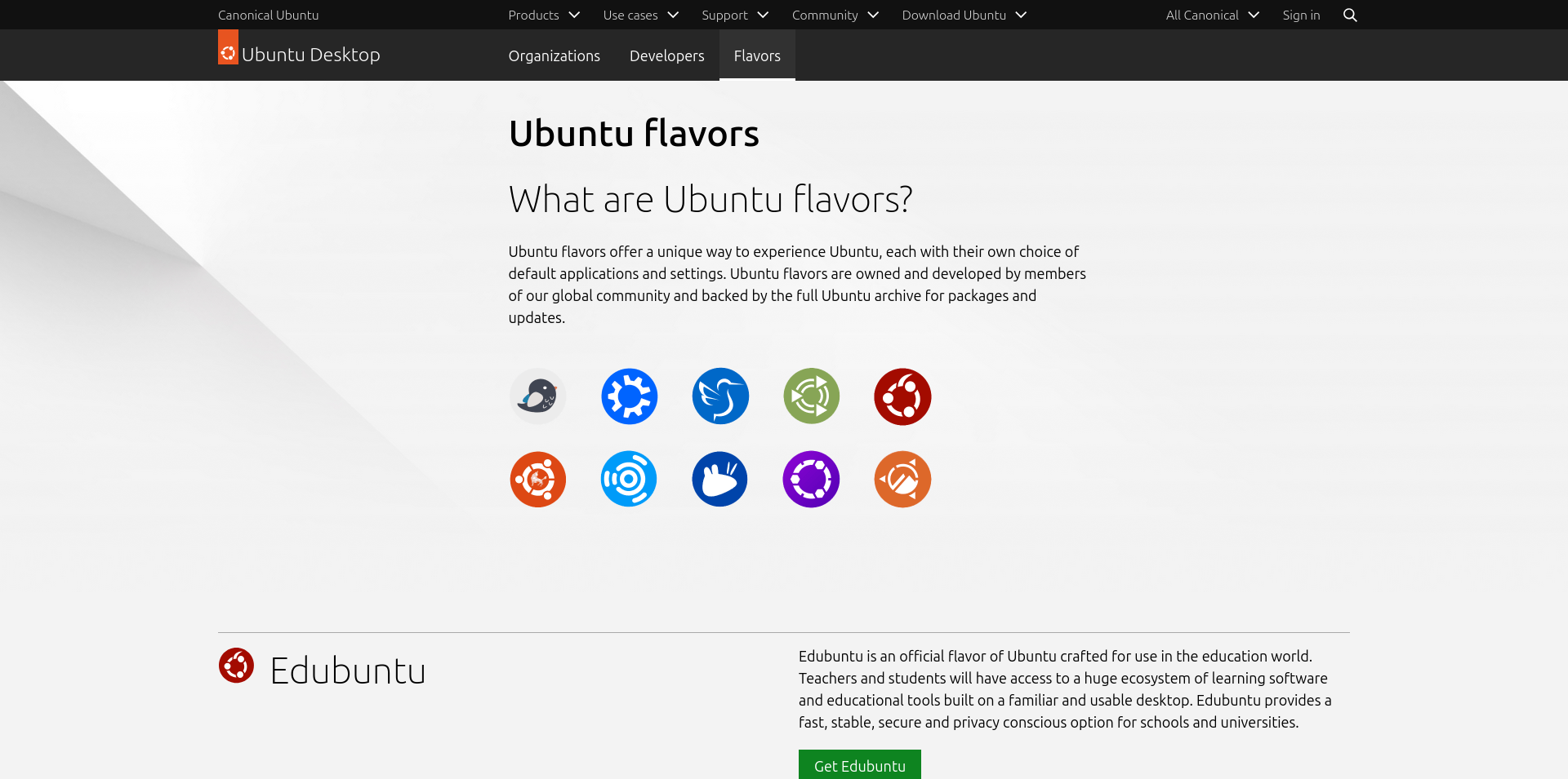 Captura de pantalla de la página oficial de sabores de Ubuntu, que muestra los sabores disponibles