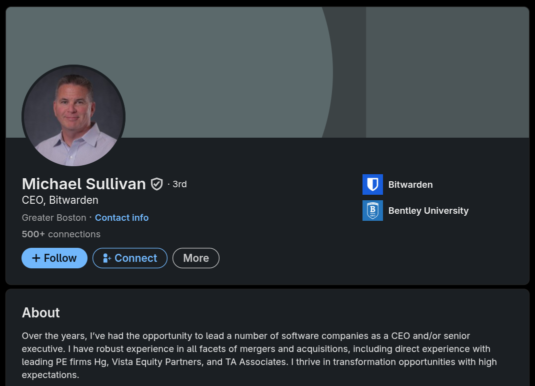 Captura de pantalla recortada del perfil de LinkedIn de Michael Sullivan con la sección