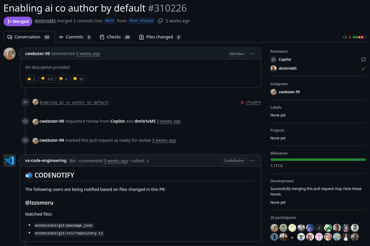 Una captura de pantalla de github que muestra una solicitud de extracción fusionada titulada: