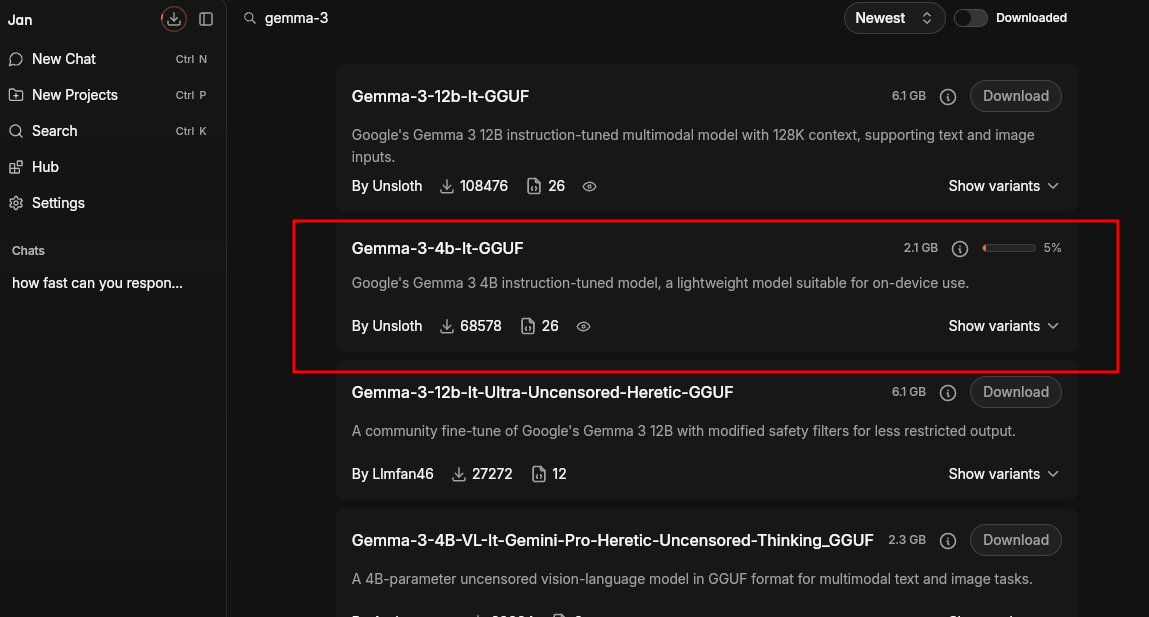 Captura de pantalla que muestra la descarga de un modelo Gemma 3 utilizando la aplicación Jan AI