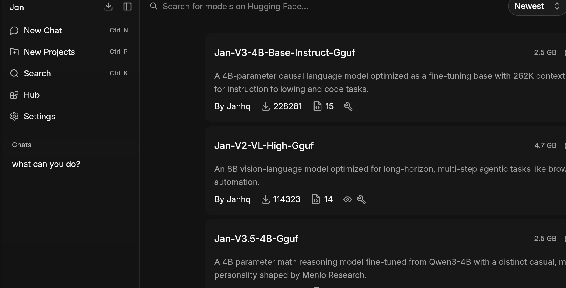 Centro de modelos de la aplicación Jan AI para descargar modelos de IA