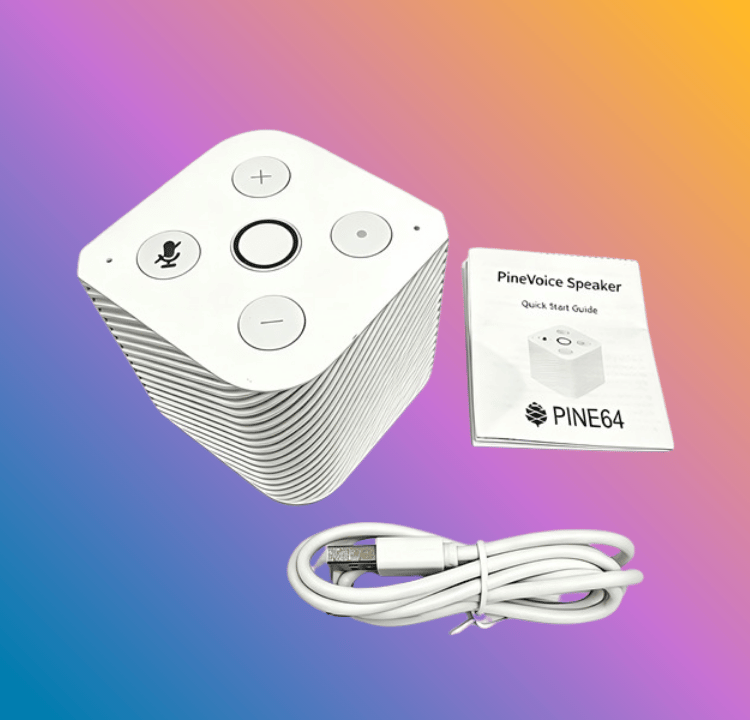 Esta imagen en color muestra el contenido de la caja Pinevoice, incluido el altavoz, el cable USB-A a USB-C y la guía de inicio rápido.