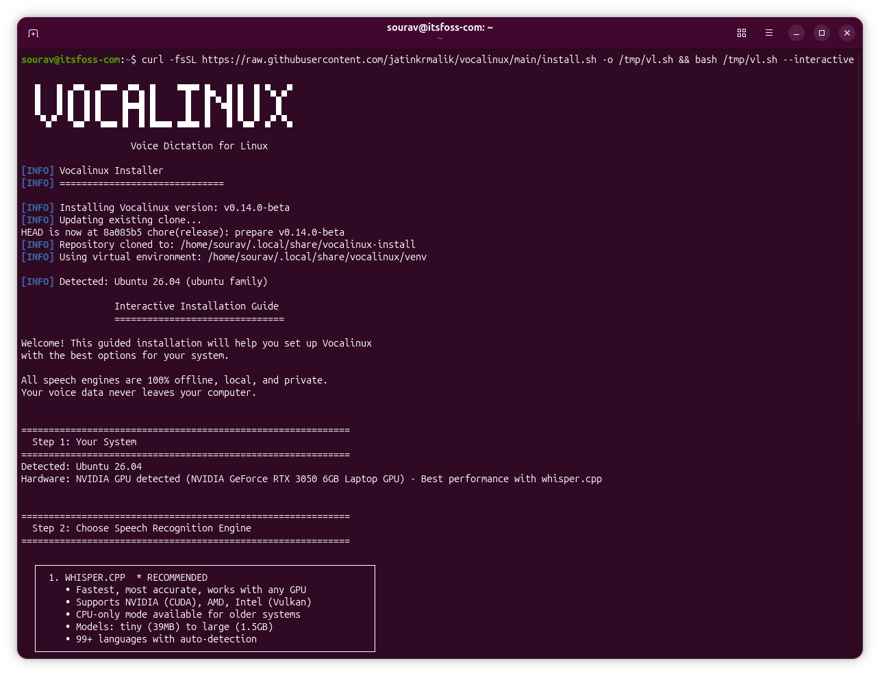 instalador de vocalinux ejecutado en una ventana de terminal en ubuntu