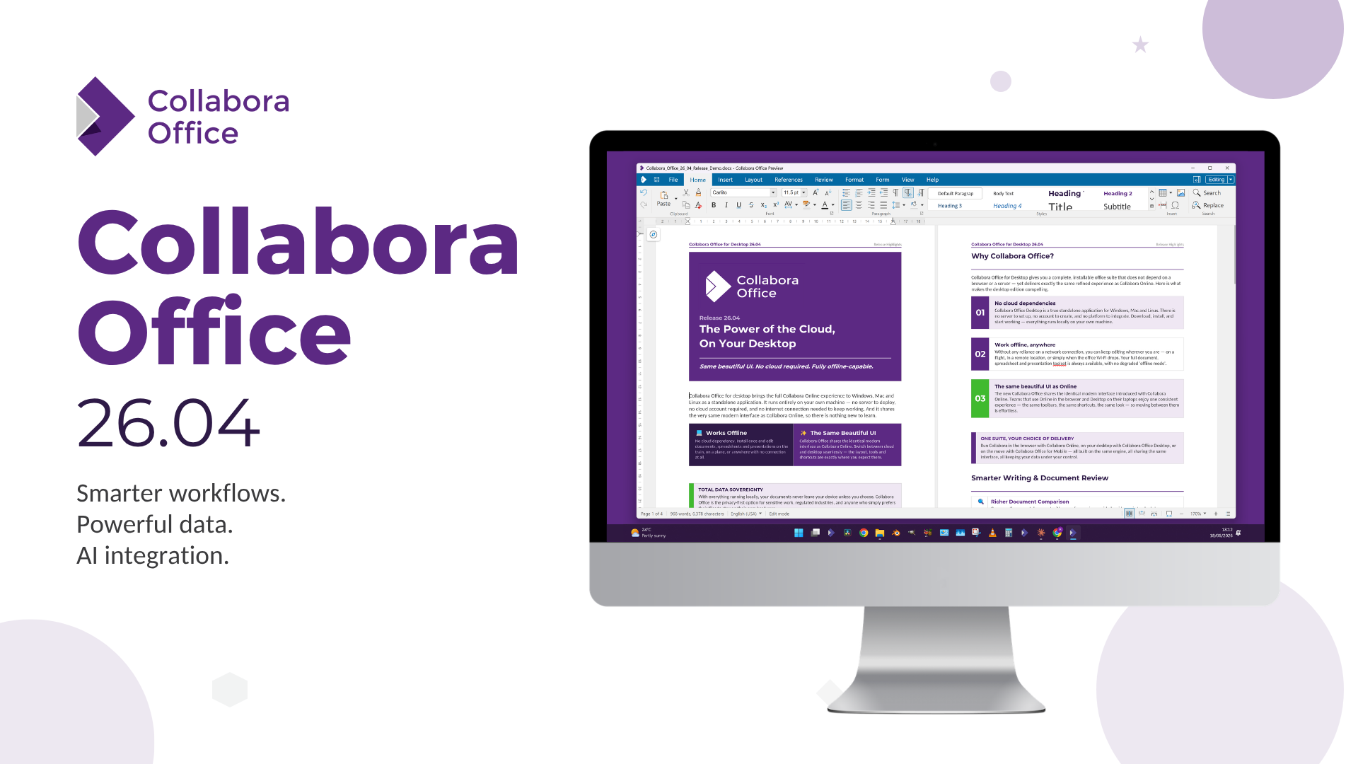 Banner de tema morado/blanco que muestra detalles de la versión Collabora Office 26.04