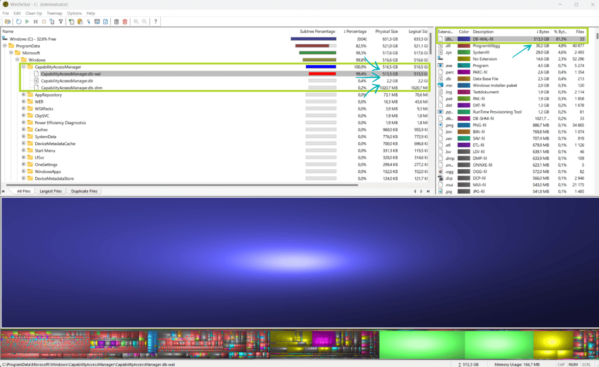 Windirstat se utiliza para analizar el consumo de almacenamiento de CapabilityAccessManager en Windows 11