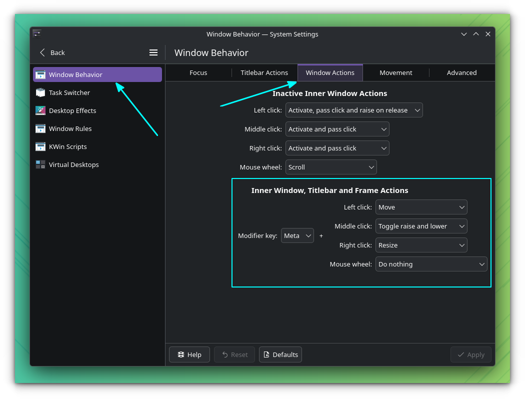 acción de ventanas de plasma de kde