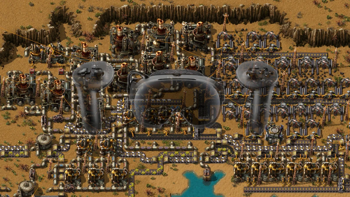 Captura de pantalla de Factorio con Steam Frame en la parte superior