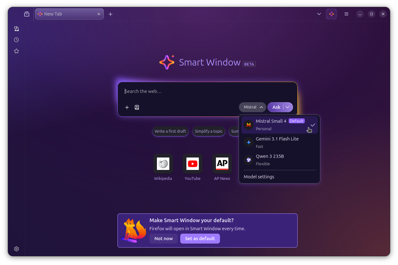 Firefox Smart Window Mistral Pequeño Modelo 4