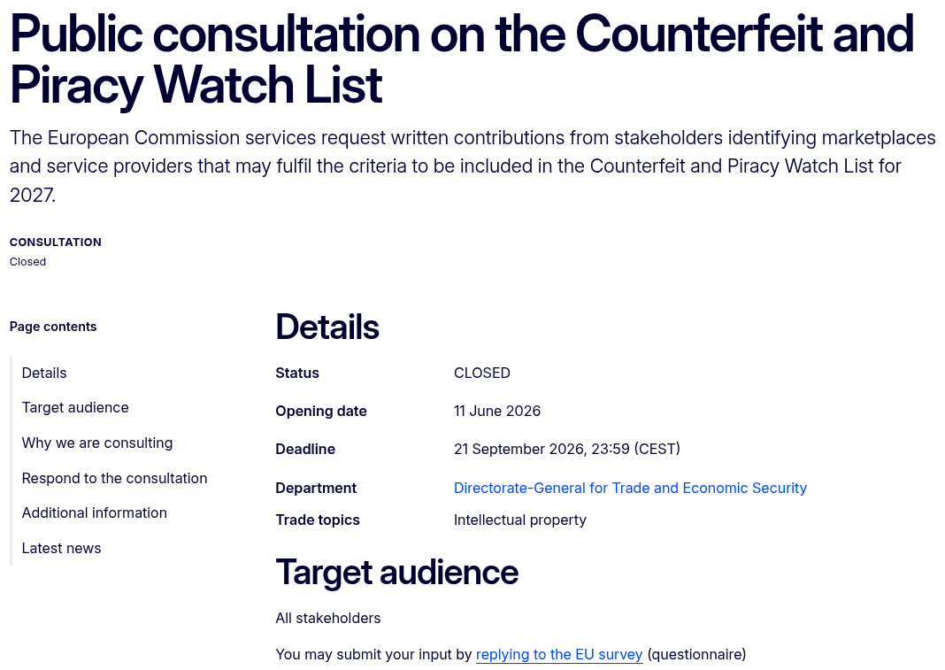 La consulta pública de la UE sobre la página web de la lista de vigilancia de falsificación y piratería revela detalles clave